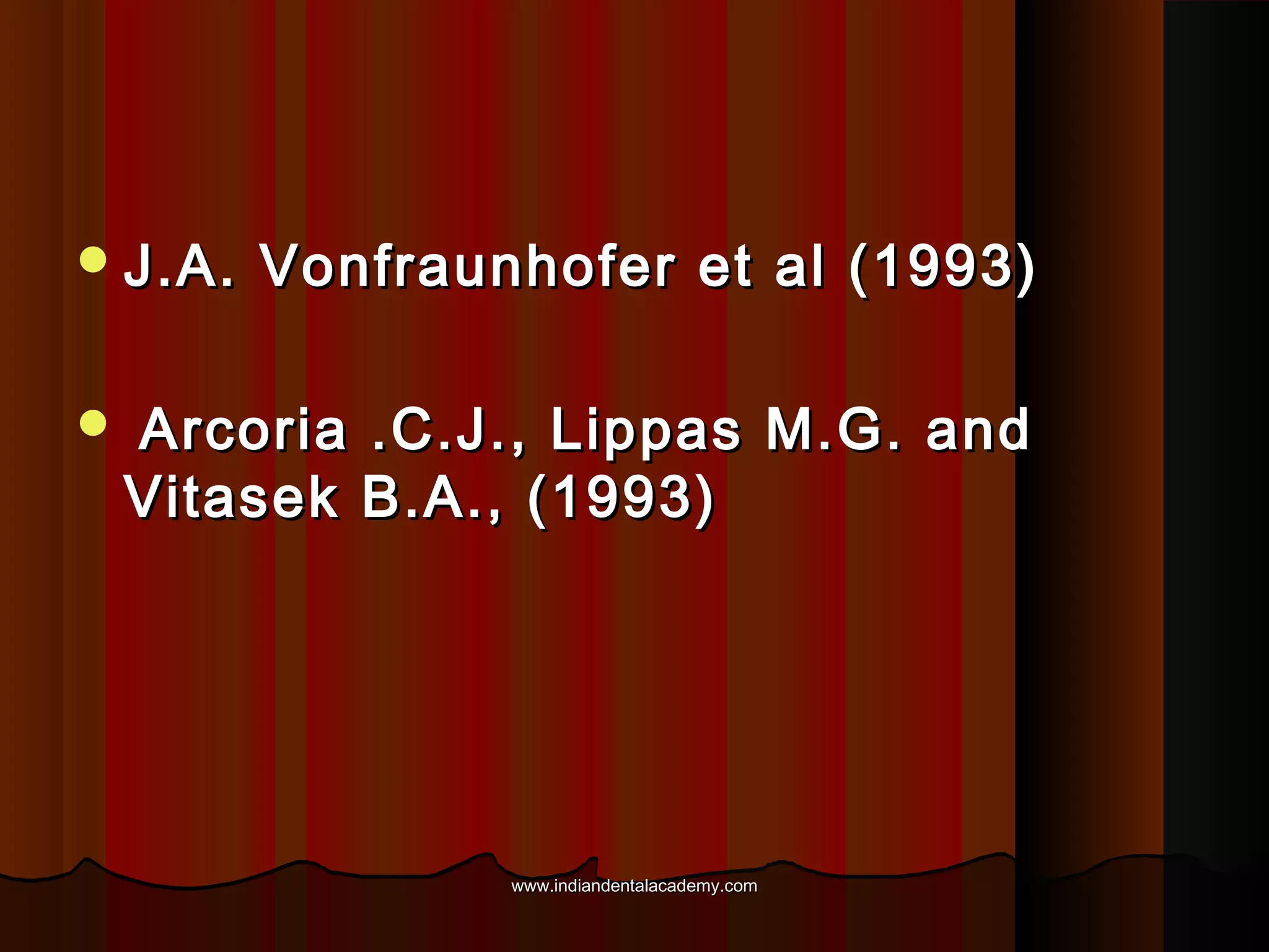  J.A.


Vonfraunhofer et al (1993)

Arcoria .C.J., Lippas M.G. and
Vitasek B.A., (1993)

www.indiandentalacademy.com

 
