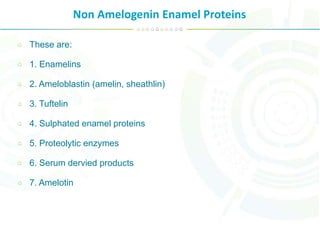 Non Amelogenin Enamel Proteins
These are:
1. Enamelins
2. Ameloblastin (amelin, sheathlin)
3. Tuftelin
4. Sulphated enamel proteins
5. Proteolytic enzymes
6. Serum dervied products
7. Amelotin
 