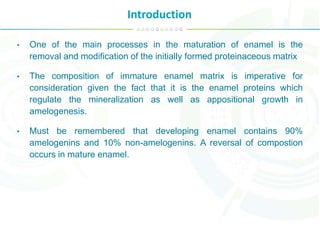 Introduction
• One of the main processes in the maturation of enamel is the
removal and modification of the initially formed proteinaceous matrix
• The composition of immature enamel matrix is imperative for
consideration given the fact that it is the enamel proteins which
regulate the mineralization as well as appositional growth in
amelogenesis.
• Must be remembered that developing enamel contains 90%
amelogenins and 10% non-amelogenins. A reversal of compostion
occurs in mature enamel.
 