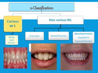 Carious
w l:
White
spot
lesions
Non carious WL
Traumatic Dental fluorosis
(developmental):
hypoplasia
hypocalcification
 
