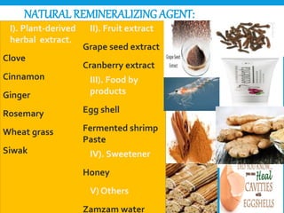 NATURAL REMINERALIZING AGENT:
I). Plant-derived
herbal extract.
Clove
Cinnamon
Ginger
Rosemary
Wheat grass
Siwak
II). Fruit extract
Grape seed extract
Cranberry extract
III). Food by
products
Egg shell
Fermented shrimp
Paste
IV). Sweetener
Honey
V) Others
Zamzam water
 