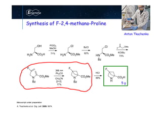 www.enamine.net
N
H
CO2H
F
N CO2Me
F
Bz
N CO2Me
F
Bz
H2N CO2H
OH
F
OMs
73%
366 nm
[2+2]
HCl
99%
77%
POCl3
MeOH
71%
H2N CO2Me
Cl BzCl
HN CO2Me
Cl
82%
Bz
KOtBu
Ph2CO
CH3CN
Synthesis of F-2,4-methano-Proline
Manuscript under preparation
5 g
A. Tkachenko et al. Org. Lett. 2009, 5674.
Anton Tkachenko
 