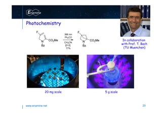 www.enamine.net 20
In collaboration
with Prof. T. Bach
(TU Muenchen)
20 mg scale 5 g scale
Photochemistry
 