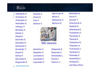 www.enamine.net
500 chemists
Alekseenko A.
Artamonov O.
Artemenko A.
Andrushko O.
Arkhipov V.
Bezdudny A.
Bilenko V.
Chalyk B.
Datcenko O.
Denisenko O.
Dolovaniuk V.
Druzhenko T.
Granat D.
Garbuz P.
Gavrilenko K.
Grygorenko O.
Martirosov R.
Mituk A.
Mikhalchuk V.
Michurin O.
Gryshuk S.
Iminov R.
Ivon Y.
Komarov I.
Kondratov V.
Kubyshkin V.
Levchenko K.
Leychenko E.
Logvinenko V.
Ostapchuk E.
Pasternak A.
Parhomenko L.
Pervak I.
Pustovit U.
Radchenko D.
Savich V.
Savchuk T.
Scherbatiuk A.
Shyshlik O.
Slobodianuk E.
Tereshenko O.
Tkachenko A.
Tkachuk G.
Tolmacheva N.
Tolmachev A.
Trofimchuk S.
Tymtsunik A.
Vilchinsky V.
Yarmolchuk V.
Yarmoluk D.
and many others
 