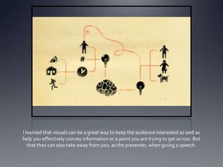 I learned that visuals can be a great way to keep the audience interested as well as
help you effectively convey information or a point you are trying to get across. But
   that they can also take away from you, as the presenter, when giving a speech.
 