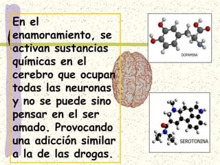 La química del amorEl amor en sus momentos iníciales se manifiesta como una atracción que reúne una serie de características que tiene que ver con la bioquímica del organismoLa feniletilamina de nuestro cerebro obliga a la secreción de la dopamina