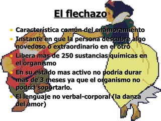 El flechazo Característica común del enamoramiento Instante en que la persona descubre algo novedoso o extraordinario en el otro Libera mas de 250 sustancias químicas en el organismo En su estado mas activo no podría durar mas de 3 meses ya que el organismo no podría soportarlo. El lenguaje no verbal-corporal (la danza del amor) 