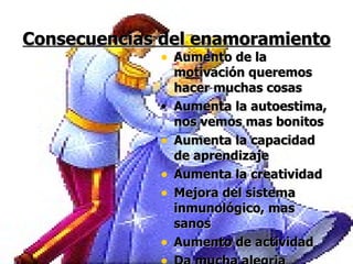Consecuencias del enamoramiento Aumento de la motivación queremos hacer muchas cosas Aumenta la autoestima, nos vemos mas bonitos Aumenta la capacidad de aprendizaje Aumenta la creatividad Mejora del sistema inmunológico, mas sanos Aumento de actividad Da mucha alegria 