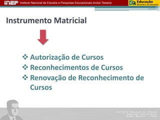 Autorização de Cursos 
Reconhecimentos de Cursos 
Renovação de Reconhecimento de Cursos 
Instrumento Matricial  