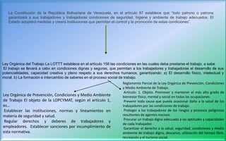 Ley Orgánica del Trabajo La LOTTT establece en el artículo 156 las condiciones en las cuales deba prestarse el trabajo, a sabe
El trabajo se llevará a cabo en condiciones dignas y seguras, que permitan a los trabajadores y trabajadoras el desarrollo de sus
potencialidades, capacidad creativa y pleno respeto a sus derechos humanos, garantizando: a) El desarrollo físico, intelectual y
moral. b) La formación e intercambio de saberes en el proceso social de trabajo.
La Constitución de la República Bolivariana de Venezuela, en el artículo 87 establece que “todo patrono o patrona
garantizará a sus trabajadores y trabajadoras condiciones de seguridad, higiene y ambiente de trabajo adecuados. El
Estado adoptará medidas y creará instituciones que permitan el control y la promoción de estas condiciones”.
Ley Orgánica de Prevención, Condiciones y Medio Ambiente
de Trabajo El objeto de la LOPCYMAT, según el artículo 1,
es…
Establecer las instituciones, normas y lineamientos en
materia de seguridad y salud.
Regular derechos y deberes de trabajadores y
empleadores. Establecer sanciones por incumplimiento de
esta normativa.
Reglamento Parcial de la Ley Orgánica de Prevención, Condiciones
y Medio Ambiente de Trabajo.
Artículo: 1. Objeto. Promover y mantener el más alto grado de
bienestar físico, mental y social en todas las ocupaciones.
Prevenir toda causa que pueda ocasionar daño a la salud de los
trabajadores por las condiciones de trabajo.
Proteger a los trabajadores de los riesgos y procesos peligrosos
resultantes de agentes nocivos.
Procurar un trabajo digno adecuado a las aptitudes y capacidades
de cada trabajador.
Garantizar el derecho a la salud, seguridad, condiciones y medio
ambiente de trabajo digno, descanso, utilización del tiempo libre,
recreación y el turismo social.
 