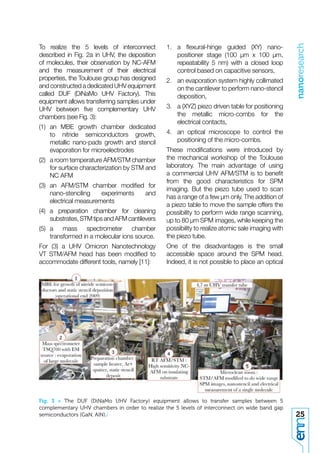 nanoresearch
To realize the 5 levels of interconnect         1. a ﬂexural-hinge guided (XY) nano-
described in Fig. 2a in UHV, the deposition        positioner stage (100 μm x 100 μm,
of molecules, their observation by NC-AFM          repeatability 5 nm) with a closed loop
and the measurement of their electrical            control based on capacitive sensors,
properties, the Toulouse group has designed     2. an evaporation system highly collimated
and constructed a dedicated UHV equipment          on the cantilever to perform nano-stencil
called DUF (DiNaMo UHV Factory). This              deposition,
equipment allows transferring samples under
UHV between ﬁve complementary UHV               3. a (XYZ) piezo driven table for positioning
chambers (see Fig. 3):                             the metallic micro-combs for the
                                                   electrical contacts,
(1) an MBE growth chamber dedicated
    to nitride semiconductors growth,           4. an optical microscope to control the
    metallic nano-pads growth and stencil          positioning of the micro-combs.
    evaporation for microelectrodes             These modiﬁcations were introduced by
(2) a room temperature AFM/STM chamber          the mechanical workshop of the Toulouse
    for surface characterization by STM and     laboratory. The main advantage of using
    NC AFM                                      a commercial UHV AFM/STM is to beneﬁt
                                                from the good characteristics for SPM
(3) an AFM/STM chamber modiﬁed for
                                                imaging. But the piezo tube used to scan
    nano-stenciling    experiments and
                                                has a range of a few μm only. The addition of
    electrical measurements
                                                a piezo table to move the sample offers the
(4) a preparation chamber for cleaning          possibility to perform wide range scanning,
    substrates, STM tips and AFM cantilevers    up to 80 μm SPM images, while keeping the
(5) a mass spectrometer chamber                 possibility to realize atomic sale imaging with
    transformed in a molecular ions source.     the piezo tube.
For (3) a UHV Omicron Nanotechnology            One of the disadvantages is the small
VT STM/AFM head has been modiﬁed to             accessible space around the SPM head.
accommodate different tools, namely [11]:       Indeed, it is not possible to place an optical




Fig. 3 > The DUF (DiNaMo UHV Factory) equipment allows to transfer samples between 5
complementary UHV chambers in order to realize the 5 levels of interconnect on wide band gap
semiconductors (GaN, AlN)./                                                                       25
 