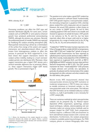 nanoICT research
                              D ~ 6h                Equation 2.1.1       The question as to what makes a good CNT catalyst has
                                                                         not been answered in sufficient detail. Fundamentally,
     With a density, N, of                                               CNT CVD growth requires a nano-particulate catalyst.
                                                                         An interesting comparison is graphene CVD, whereby
                         N ~ 1/60h2                 Equation 2.1.2       planar catalyst films with a large grain size are required.
                                                                         However, the actual CVD exposure is often chosen to
     Processing conditions can affect the CNT type and                   be very similar to SWNT growth. Ni and Fe films
     diameter distribution [8],[14]. For some years, certain             catalysing graphene CVD were shown to be metallic and
     catalysts such as CoMoCAT or some plasma enhanced                   showed no signature of carbide formation. CNT growth
     growth have produced preferential semiconducting                    is not exclusive to Ni, Fe and Co, but has been
     SWNTs, although the process was unknown. Recently                   reported, albeit often at lower yield and/or at higher
     the preferential growth of metallic SWNTs was reported              temperatures, for a range of metals (such as Au, Pt, Ag,
     by modifying the catalyst annealing atmosphere [20].                Pd, Cu, Re, Sn, Ta) and semiconductors (Si, Ge).
     Nano-particle restructuring is driven by a minimization
     of the surface free energy of the system and support                “Catalyst-free” SWNT formation has been reported on the
     interactions and adsorbate-induced effects are well                 Si face of hexagonal silicon carbide (6H-SiC) at temperatures
     known from heterogeneous catalysis to affect this                   above 1  500°C [22] and “catalyst free” growth of arrays of
     process. In particular for Al2O3 supported Fe, it has               multiwall carbon nanostructures has been reported on
     been shown that support interactions restrict the                   cylindrical pores of porous anodic aluminum oxide at 900°C
     catalyst surface mobility, leading to a much narrower               [23]. More recently, metal-catalyst-free CVD of SWNTs has
     catalyst particle size distribution [21]. Moreover, these           been reported on roughened Al2O3 and SiO2 at 900°C
     support interactions give a higher CNT density and a                [24][25][26] and SWNT nucleation has been observed from
     vertical nanotube alignment due to proximity effects,               diamond nanoparticles at 850°C [27]. The CNT growth
     i.e. these support interactions trigger CNT forest                  mechanism for these “metal-catalyst-free” CVD processes
     growth. This is summarized in figure 4.                             is largely unknown and currently very speculative. In
                                                                         particular, the physical and the chemical state of the catalyst
                                                                         during growth are often unknown and what is stated is only
                                                                         the state before/after growth.

                                                                         Recent in-situ XPS measurements showed that
                                                                         nano-particulate zirconia during CNT nucleation at
                                                                         moderate temperatures (~750°C) does not reduce
                                                                         to metallic zirconium or zirconium carbide, i.e., the
                                                                         nano-particulate oxide is the active phase. This indicates
                                                                         that CNT formation can be mediated solely by a surface
                                                                         reaction, i.e., bulk C permeability is not a necessity for
                                                                         a CNT catalyst [28].

                                                                         There are numerous methods by which nano-particulate
                                                                         catalysts can be prepared (fig. 5). Physical vapour
                                                                         deposition (PVD; evaporation, sputtering), aerosol
                                                                         based techniques, colloids, (electro-)plating and wet
                                                                         chemistry (salts) are among various methods used to
                                                                         prepare catalyst for CNT CVD. Each preparation
                                                                         method requires a different CVD pre-treatment to
                                                                         form well defined catalyst clusters with a narrow size
     Fig 4. Above, the dewetting on the catalyst depends on surface      distribution. Furthermore, the catalyst preparation
     interactions between the catalyst and support. Below, a general     is linked to available patterning techniques. For PVD
     comparison of typical CNT growth densities with nanotube diameter
                                                                         catalysts, photo- or e-beam lithography offer most
     (reflecting equs 2.1.1 and 2.1.2).


10
 