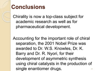Conclusions
Chirality is now a top-class subject for
academic research as well as for
pharmaceutical development.
Accounting for the important role of chiral
separation, the 2001 Nobel Prize was
awarded to Dr. W.S. Knowles, Dr. K.
Barry and Dr. R. Nyori, for their
development of asymmetric synthesis
using chiral catalysts in the production of
single enantiomer drugs. 23
 