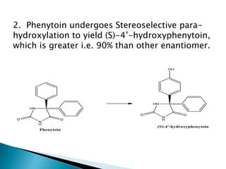 2. Phenytoin undergoes Stereoselective para-
hydroxylation to yield (S)-4’-hydroxyphenytoin,
which is greater i.e. 90% than other enantiomer.
 