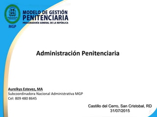 Castillo del Cerro, San Cristobal, RD
31/07/2015
Administración Penitenciaria
Aurelkys Estevez, MA
Subcoordinadora Nacional Administrativa MGP
Cel: 809 480 8645
 