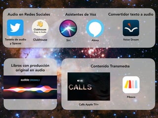 Audio en Redes Sociales
Tweets de audio


y Spaces
Clubhouse
Asistentes de Voz
Siri Alexa
Convertidor texto a audio
Libros...