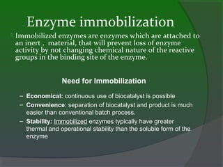  Immobilized enzymes are enzymes which are attached to
an inert , material, that will prevent loss of enzyme
activity by not changing chemical nature of the reactive
groups in the binding site of the enzyme.
– Economical: continuous use of biocatalyst is possible
– Convenience: separation of biocatalyst and product is much
easier than conventional batch process.
– Stability: Immobilized enzymes typically have greater
thermal and operational stability than the soluble form of the
enzyme
Need for Immobilization
Enzyme immobilization
 