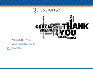Questions?
Warren Kibbe, Ph.D.
warren.kibbe@duke.edu
@wakibbe
 
