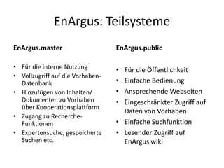 EnArgus: Teilsysteme
EnArgus.master                    EnArgus.public

• Für die interne Nutzung         • Für die Öffentlichkeit
• Vollzugriff auf die Vorhaben-
  Datenbank                       • Einfache Bedienung
• Hinzufügen von Inhalten/        • Ansprechende Webseiten
  Dokumenten zu Vorhaben          • Eingeschränkter Zugriff auf
  über Kooperationsplattform
                                    Daten von Vorhaben
• Zugang zu Recherche-
  Funktionen                      • Einfache Suchfunktion
• Expertensuche, gespeicherte     • Lesender Zugriff auf
  Suchen etc.                       EnArgus.wiki
 