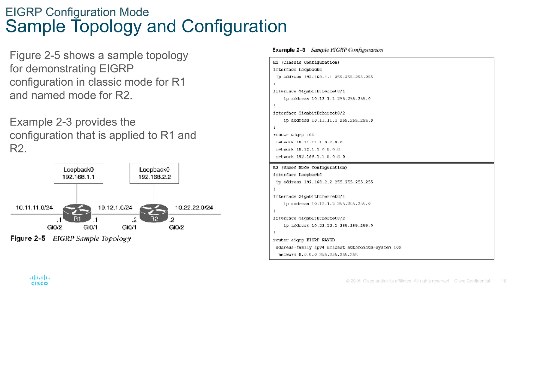 16
© 2016 Cisco and/or its affiliates. All rights reserved. Cisco Confidential
EIGRP Configuration Mode
Sample Topology and Configuration
Figure 2-5 shows a sample topology
for demonstrating EIGRP
configuration in classic mode for R1
and named mode for R2.
Example 2-3 provides the
configuration that is applied to R1 and
R2.
 