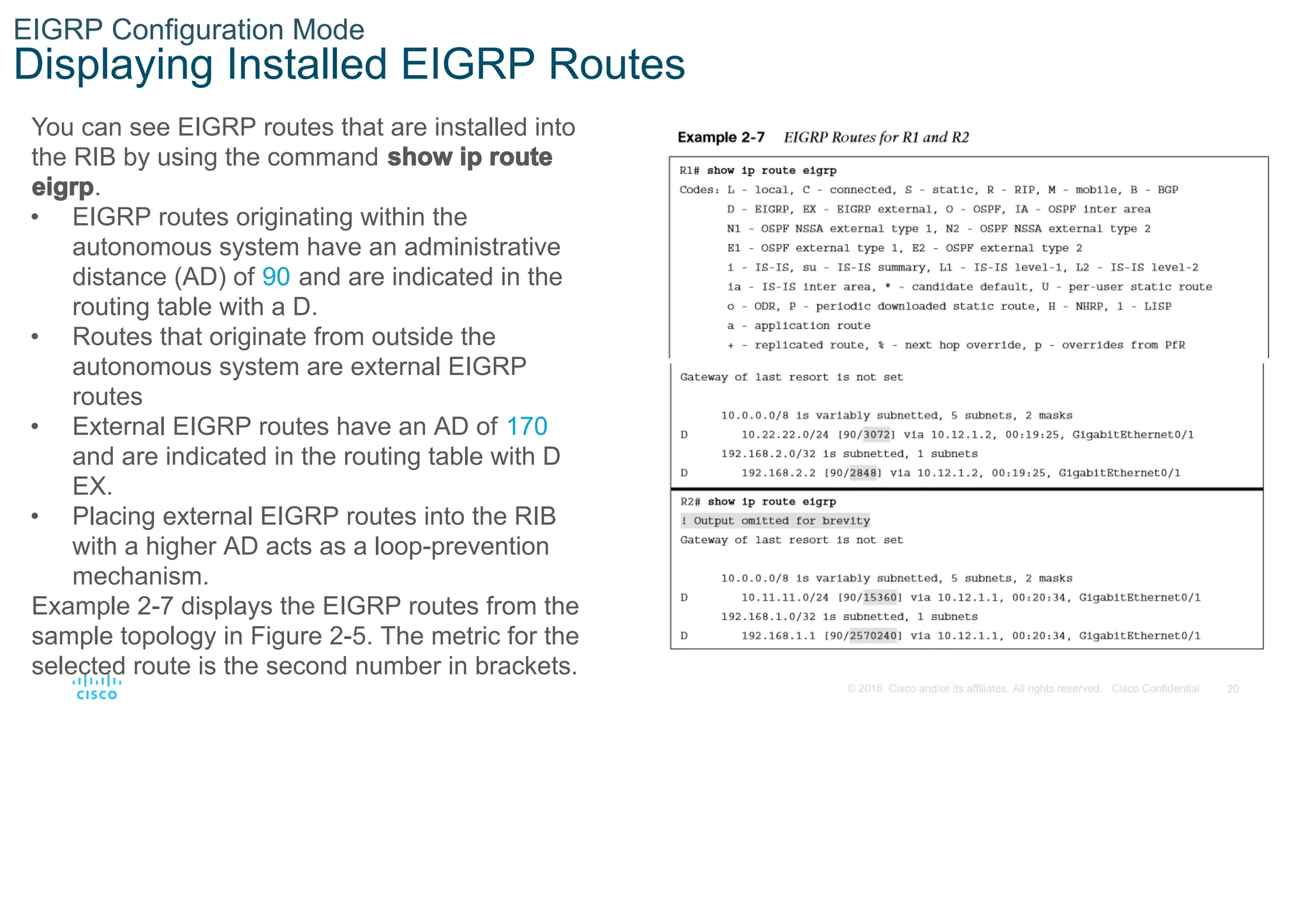 20
© 2016 Cisco and/or its affiliates. All rights reserved. Cisco Confidential
EIGRP Configuration Mode
Displaying Installed EIGRP Routes
You can see EIGRP routes that are installed into
the RIB by using the command show ip route
eigrp.
• EIGRP routes originating within the
autonomous system have an administrative
distance (AD) of 90 and are indicated in the
routing table with a D.
• Routes that originate from outside the
autonomous system are external EIGRP
routes
• External EIGRP routes have an AD of 170
and are indicated in the routing table with D
EX.
• Placing external EIGRP routes into the RIB
with a higher AD acts as a loop-prevention
mechanism.
Example 2-7 displays the EIGRP routes from the
sample topology in Figure 2-5. The metric for the
selected route is the second number in brackets.
 