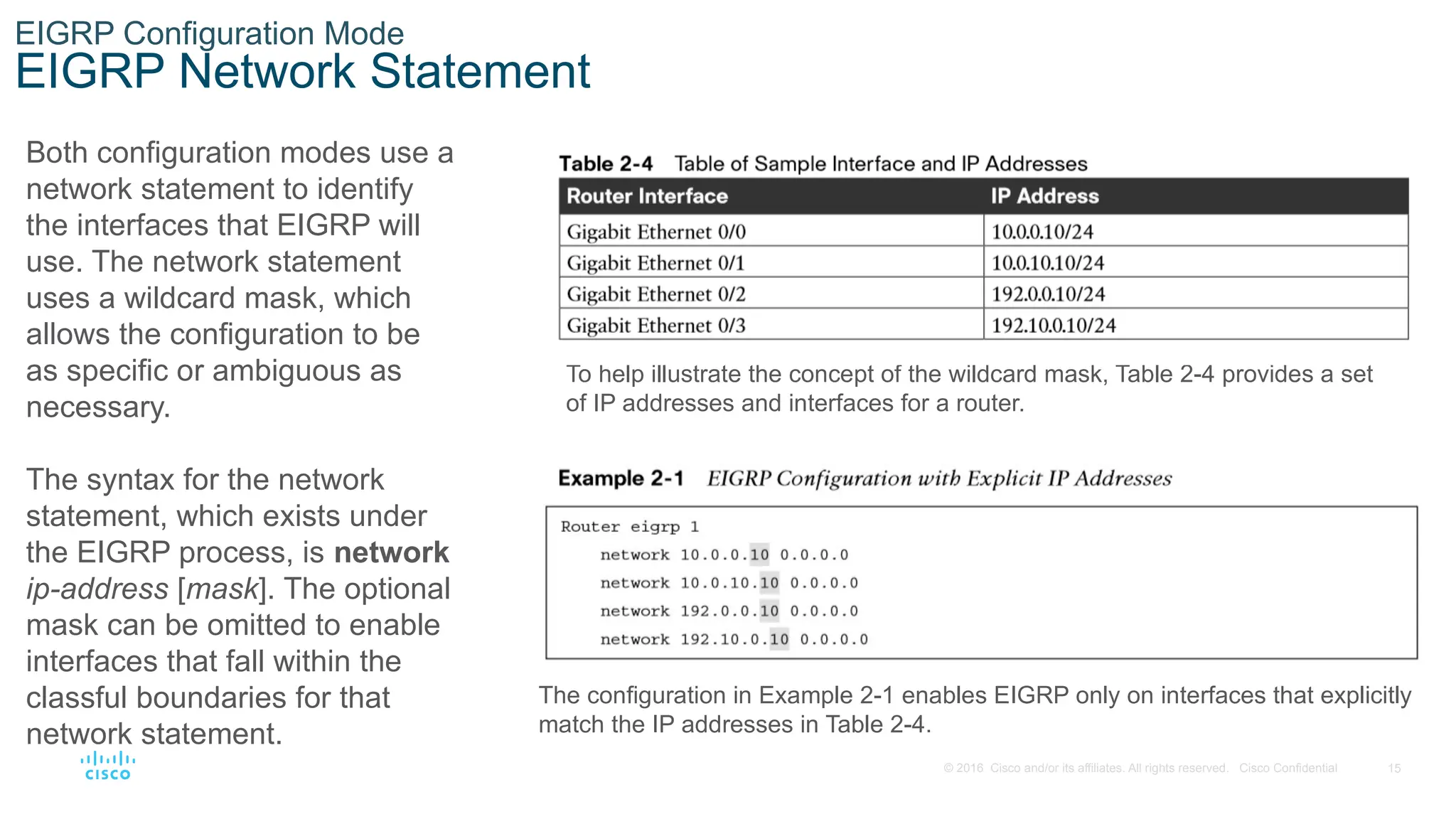 15
© 2016 Cisco and/or its affiliates. All rights reserved. Cisco Confidential
EIGRP Configuration Mode
EIGRP Network Statement
Both configuration modes use a
network statement to identify
the interfaces that EIGRP will
use. The network statement
uses a wildcard mask, which
allows the configuration to be
as specific or ambiguous as
necessary.
The syntax for the network
statement, which exists under
the EIGRP process, is network
ip-address [mask]. The optional
mask can be omitted to enable
interfaces that fall within the
classful boundaries for that
network statement.
To help illustrate the concept of the wildcard mask, Table 2-4 provides a set
of IP addresses and interfaces for a router.
The configuration in Example 2-1 enables EIGRP only on interfaces that explicitly
match the IP addresses in Table 2-4.
 