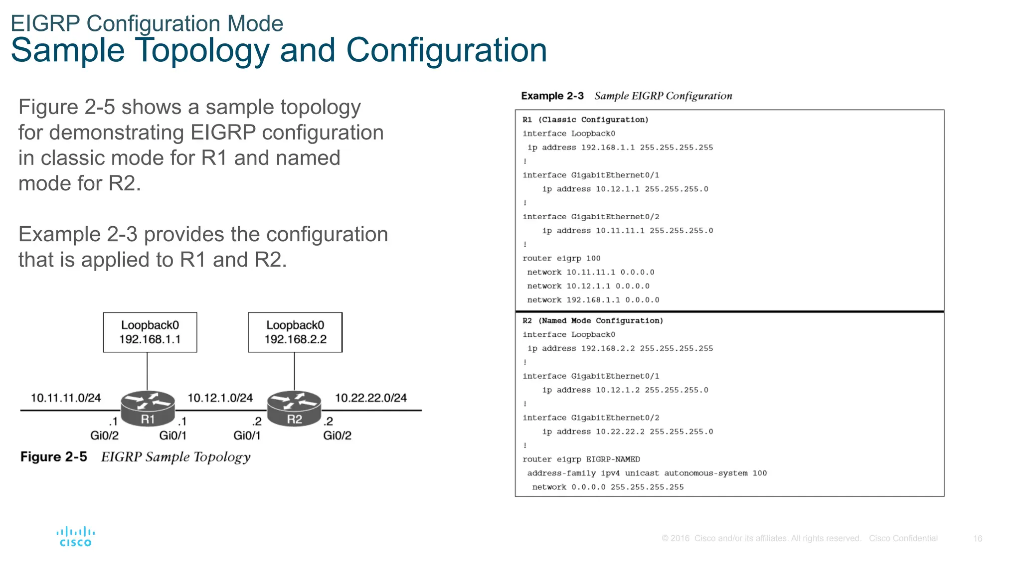 16
© 2016 Cisco and/or its affiliates. All rights reserved. Cisco Confidential
EIGRP Configuration Mode
Sample Topology and Configuration
Figure 2-5 shows a sample topology
for demonstrating EIGRP configuration
in classic mode for R1 and named
mode for R2.
Example 2-3 provides the configuration
that is applied to R1 and R2.
 