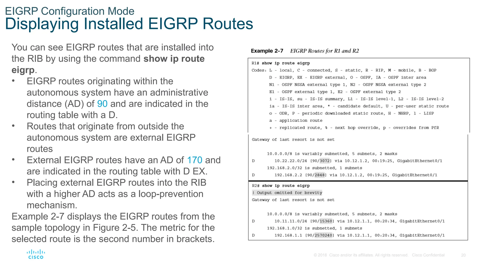 20
© 2016 Cisco and/or its affiliates. All rights reserved. Cisco Confidential
EIGRP Configuration Mode
Displaying Installed EIGRP Routes
You can see EIGRP routes that are installed into
the RIB by using the command show ip route
eigrp.
• EIGRP routes originating within the
autonomous system have an administrative
distance (AD) of 90 and are indicated in the
routing table with a D.
• Routes that originate from outside the
autonomous system are external EIGRP
routes
• External EIGRP routes have an AD of 170 and
are indicated in the routing table with D EX.
• Placing external EIGRP routes into the RIB
with a higher AD acts as a loop-prevention
mechanism.
Example 2-7 displays the EIGRP routes from the
sample topology in Figure 2-5. The metric for the
selected route is the second number in brackets.
 