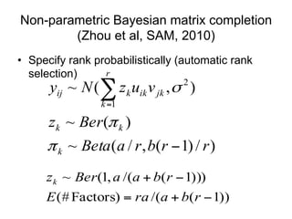 Non-parametric Bayesian matrix completion
(Zhou et al, SAM, 2010)
•  Specify rank probabilistically (automatic rank
select...