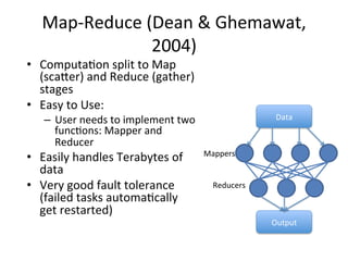 Map-­‐Reduce	
  (Dean	
  &	
  Ghemawat,	
  
2004)	
  
Mappers	
  
Reducers	
  
Data	
  
Output	
  
•  Computa$on	
  split	...