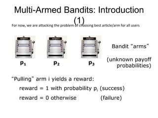 Multi-Armed Bandits: Introduction
(1)
Bandit “arms”
p1 p2 p3
(unknown payoff
probabilities)
“Pulling” arm i yields a rewar...