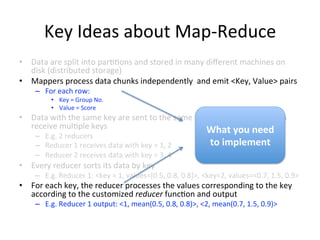 Key	
  Ideas	
  about	
  Map-­‐Reduce	
  
•  Data	
  are	
  split	
  into	
  par$$ons	
  and	
  stored	
  in	
  many	
  di...