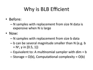 Why	
  is	
  BLB	
  Eﬃcient	
  
•  Before:	
  
– N	
  samples	
  with	
  replacement	
  from	
  size	
  N	
  data	
  is	
 ...