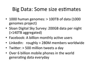 Big	
  Data:	
  Some	
  size	
  es$mates	
  
•  1000	
  human	
  genomes:	
  >	
  100TB	
  of	
  data	
  (1000	
  
genomes...