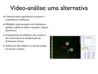 Video-análise: uma alternativa
๏ Conexão entre experiências escolares e
  experiências cotidianas;
๏ Múltiplas representações dos fenômenos
  (gráﬁco, tabela de dados, equações, ﬁguras
  pictóricas);
๏ Compreensão da inﬂuência das escalas e
  dos referenciais na interpretação de
  fenômenos físicos;
๏ Análise de dois objetos ao mesmo tempo
  no mesmo sistema;
 