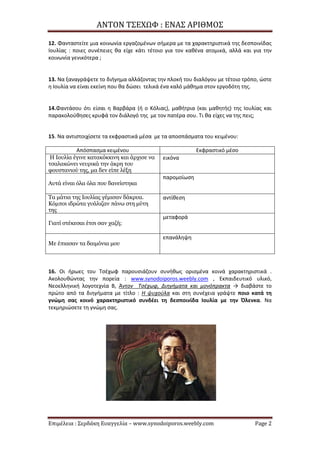 ΑΝΤΟΝ ΤΣΕΧΩΦ : ΕΝΑΣ ΑΡΙΘΜΟΣ
Επιμέλεια : Σερδάκη Ευαγγελία – www.synodoiporos.weebly.com Page 2
12. Φανταστείτε μια κοινωνία εργαζομένων σήμερα με τα χαρακτηριστικά της δεσποινίδας
Ιουλίας : ποιες συνέπειες θα είχε κάτι τέτοιο για τον καθένα ατομικά, αλλά και για την
κοινωνία γενικότερα ;
13. Να ξαναγράψετε το διήγημα αλλάζοντας την πλοκή του διαλόγου με τέτοιο τρόπο, ώστε
η Ιουλία να είναι εκείνη που θα δώσει τελικά ένα καλό μάθημα στον εργοδότη της.
14.Φαντάσου ότι είσαι η Βαρβάρα (ή ο Κόλιας), μαθήτρια (και μαθητής) της Ιουλίας και
παρακολούθησες κρυφά τον διάλογό της με τον πατέρα σου. Τι θα είχες να της πεις;
15. Να αντιστοιχίσετε τα εκφραστικά μέσα με τα αποσπάσματα του κειμένου:
Απόσπασμα κειμένου Εκφραστικό μέσο
Η Ιουλία έγινε κατακόκκινη και άρχισε να
τσαλακώνει νευρικά την άκρη του
φουστανιού της, μα δεν είπε λέξη
εικόνα
Αυτά είναι όλα όλα που δανείστηκα
παρομοίωση
Τα μάτια της Ιουλίας γέμισαν δάκρυα.
Κόμποι ιδρώτα γυάλιζαν πάνω στη μύτη
της
αντίθεση
Γιατί στέκεσαι έτσι σαν χαζή;
μεταφορά
Με έπιασαν τα δαιμόνια μου
επανάληψη
16. Οι ήρωες του Τσέχωφ παρουσιάζουν συνήθως ορισμένα κοινά χαρακτηριστικά .
Ακολουθώντας την πορεία : www.synodoiporos.weebly.com , Εκπαιδευτικό υλικό,
Νεοελληνική λογοτεχνία Β, Άντον Τσέχωφ, Διηγήματα και μονόπρακτα → διαβάστε το
πρώτο από τα διηγήματα με τίτλο : Η ψυχούλα και στη συνέχεια γράψτε ποιο κατά τη
γνώμη σας κοινό χαρακτηριστικό συνδέει τη δεσποινίδα Ιουλία με την Όλενκα. Να
τεκμηριώσετε τη γνώμη σας.
 