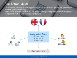 www.scnsoft.com © ScienceSoft
Retail Automation
Every day runs
The company developing the supplier processes automation system for retail chains
needed 2 platforms testing:
a collaborative online platform in SaaS mode and single integrated platform that has 5+
components with service-oriented architecture
Automated Tests:
325 test cases
4500 steps
7 platforms
 