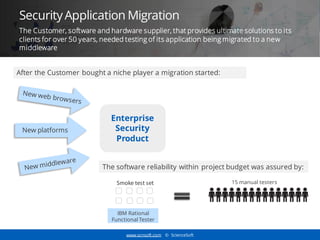 www.scnsoft.com © ScienceSoft
Security Application Migration
Enterprise
Security
Product
New platforms
The software reliability within project budget was assured by:
Smoke test set
IBM Rational
Functional Tester
15 manual testers
The Customer, software and hardware supplier, that provides ultimate solutions to its
clients for over 50 years, needed testing of its application being migrated to a new
middleware
After the Customer bought a niche player a migration started:
 