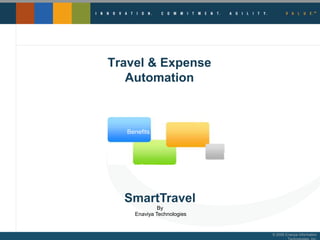 Travel & Expense
Automation

Why Us

Benefits

Features

Product
Readiness

SmartTravel
By
Enaviya Technologies

© 2008 Enaviya Information

 