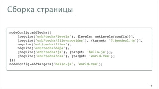 Сборка страницы
nodeConfig.addTechs([
[require('enb/techs/levels'), {levels: getLevels(config)}],
[require('enb/techs/file-provider'), {target: '?.bemdecl.js'}],
require('enb/techs/files'),
require('enb/techs/deps'),
[require('enb/techs/js'), {target: 'hello.js'}],
[require('enb/techs/css'), {target: 'world.css'}]
]);
nodeConfig.addTargets('hello.js', 'world.css');

9

 