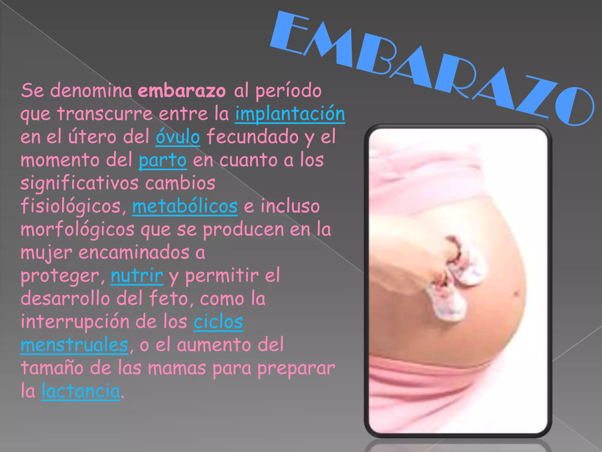 Se denomina embarazo al período
que transcurre entre la implantación
en el útero del óvulo fecundado y el
momento del parto en cuanto a los
significativos cambios
fisiológicos, metabólicos e incluso
morfológicos que se producen en la
mujer encaminados a
proteger, nutrir y permitir el
desarrollo del feto, como la
interrupción de los ciclos
menstruales, o el aumento del
tamaño de las mamas para preparar
la lactancia.