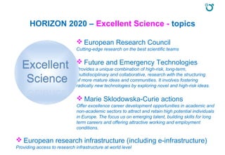 HORIZON 2020 – Excellent Science - topics
 European Research Council
Cutting-edge research on the best scientific teams
 Future and Emergency Technologies
Provides a unique combination of high-risk, long-term,
multidisciplinary and collaborative, research with the structuring
of more mature ideas and communities. It involves fostering
radically new technologies by exploring novel and high-risk ideas.
 Marie Sklodowska-Curie actions
Offer excellence career development opportunities in academic and
non-academic sectors to attract and retain high potential individuals
in Europe. The focus us on emerging talent, building skills for long
term careers and offering attractive working and employment
conditions.
 European research infrastructure (including e-infrastructure)
Providing access to research infrastructure at world level
 