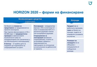 HORIZON 2020 – форми на финансиране
Безвъзмездни средстваБезвъзмездни средства
(грантове)(грантове)
НаградиНагради
Предмет са на
работната програма,
само на базата на
конкурс, където се
определят условията
за участие.
Размерът на
наградата не се
обвързва с
извършените от
победителя
разходи.
На базата на покани за
представяне на предложения за
проекти (конкурси).
При търсено финансиране от ЕК ≥
50 000 евро => предварителна
проверка на финансовите
възможности само на
координаторите (по изключение и
на участниците в консорциума).
8 месеца - от крайна дата за
подаване до подписване на
споразумението за грант.
Консорциум – координатор
(връзка с ЕК) и участници от
поне 3 независими ЮЛ от 3
различни държави членки
или асоциирани държави.
Споразумение за
консорциум (вътрешно
споразумение), в което се
установяват правата и
задълженията на
партньорите по отношение
на изпълнение на дейностите
от проекта.
 