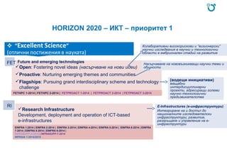 HORIZON 2020 – ИКТ – приоритет 1
FET
Open: Fostering novel ideas (насърчване на нови идеи)
Proactive: Nurturing emerging themes and communities
Flagships: Pursuing grand interdisciplinary scheme and technology
challenge
RI
Research Infrastructure
Development, deployment and operation of ICT-based
e-infrastructures
FETHPC 1-2014 | FETHPC 2-2014 | FETPROACT 1-2014 | FETPROACT 2-2014 | FETPROACT 3-2014
EINFRA 1-2014 | EINFRA 2-2014 | EINFRA 3-2014 | EINFRA 4-2014 | EINFRA 5-2014 | EINFRA 6-2014 | EINFRA
7-2014 | EINFRA 8-2014 | EINFRA 9-2014 |
INFRASUPP-4-2015 | INFRASUPP-7-2014
INFRAIA 1-2014/2015
E-Infrastructures (е-инфраструктури)
Интегриране на и достъп до
националните изследователски
инфраструктури; развитие,
разгръщане и управление на е-
инфраструктури
Колаборативни високорискови и “визионерски”
научни изследвания в научни и технологични
области в ембрионален стадий на развитие
Насърчаване на нововъзникващи научни теми и
общности
(водещи инициативи)
мащабни
интердисциплинарни
проекти, адресиращи големи
научно технологични
предизвикателства
Future and emerging technologies
 