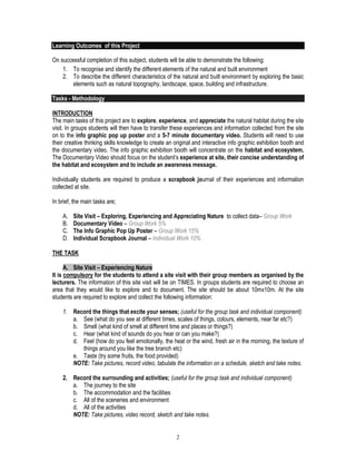 2
Learning Outcomes of this Project
On successful completion of this subject, students will be able to demonstrate the following:
1. To recognise and identify the different elements of the natural and built environment
2. To describe the different characteristics of the natural and built environment by exploring the basic
elements such as natural topography, landscape, space, building and infrastructure.
Tasks - Methodology
INTRODUCTION
The main tasks of this project are to explore, experience, and appreciate the natural habitat during the site
visit. In groups students will then have to transfer these experiences and information collected from the site
on to the info graphic pop up poster and a 5-7 minute documentary video. Students will need to use
their creative thinking skills knowledge to create an original and interactive info graphic exhibition booth and
the documentary video. The info graphic exhibition booth will concentrate on the habitat and ecosystem.
The Documentary Video should focus on the student’s experience at site, their concise understanding of
the habitat and ecosystem and to include an awareness message.
Individually students are required to produce a scrapbook journal of their experiences and information
collected at site.
In brief, the main tasks are;
A. Site Visit – Exploring, Experiencing and Appreciating Nature to collect data– Group Work
B. Documentary Video – Group Work 5%
C. The Info Graphic Pop Up Poster – Group Work 15%
D. Individual Scrapbook Journal – Individual Work 10%
THE TASK
A. Site Visit – Experiencing Nature
It is compulsory for the students to attend a site visit with their group members as organised by the
lecturers. The information of this site visit will be on TIMES. In groups students are required to choose an
area that they would like to explore and to document. The site should be about 10mx10m. At the site
students are required to explore and collect the following information:
1. Record the things that excite your senses; (useful for the group task and individual component)
a. See (what do you see at different times, scales of things, colours, elements, near far etc?)
b. Smell (what kind of smell at different time and places or things?)
c. Hear (what kind of sounds do you hear or can you make?)
d. Feel (how do you feel emotionally, the heat or the wind, fresh air in the morning, the texture of
things around you like the tree branch etc)
e. Taste (try some fruits, the food provided)
NOTE: Take pictures, record video, tabulate the information on a schedule, sketch and take notes.
2. Record the surrounding and activities; (useful for the group task and individual component)
a. The journey to the site
b. The accommodation and the facilities
c. All of the sceneries and environment
d. All of the activities
NOTE: Take pictures, video record, sketch and take notes.
 