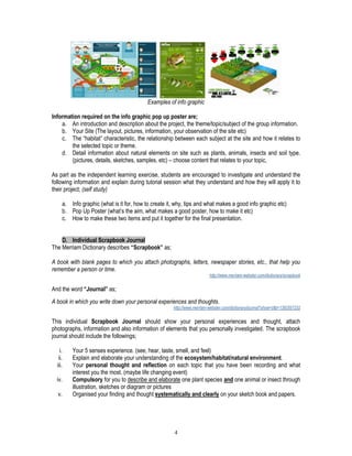 4
Examples of info graphic
Information required on the info graphic pop up poster are;
a. An introduction and description about the project, the theme/topic/subject of the group information.
b. Your Site (The layout, pictures, information, your observation of the site etc)
c. The “habitat” characteristic, the relationship between each subject at the site and how it relates to
the selected topic or theme.
d. Detail information about natural elements on site such as plants, animals, insects and soil type.
(pictures, details, sketches, samples, etc) – choose content that relates to your topic,
As part as the independent learning exercise, students are encouraged to investigate and understand the
following information and explain during tutorial session what they understand and how they will apply it to
their project; (self study)
a. Info graphic (what is it for, how to create it, why, tips and what makes a good info graphic etc)
b. Pop Up Poster (what’s the aim, what makes a good poster, how to make it etc)
c. How to make these two items and put it together for the final presentation.
D. Individual Scrapbook Journal
The Merriam Dictionary describes “Scrapbook” as;
A book with blank pages to which you attach photographs, letters, newspaper stories, etc., that help you
remember a person or time.
http://www.merriam-webster.com/dictionary/scrapbook
And the word “Journal” as;
A book in which you write down your personal experiences and thoughts.
http://www.merriam-webster.com/dictionary/journal?show=0&t=1392557232
This individual Scrapbook Journal should show your personal experiences and thought, attach
photographs, information and also information of elements that you personally investigated. The scrapbook
journal should include the followings;
i. Your 5 senses experience. (see, hear, taste, smell, and feel)
ii. Explain and elaborate your understanding of the ecosystem/habitat/natural environment.
iii. Your personal thought and reflection on each topic that you have been recording and what
interest you the most. (maybe life changing event)
iv. Compulsory for you to describe and elaborate one plant species and one animal or insect through
illustration, sketches or diagram or pictures
v. Organised your finding and thought systematically and clearly on your sketch book and papers.
 