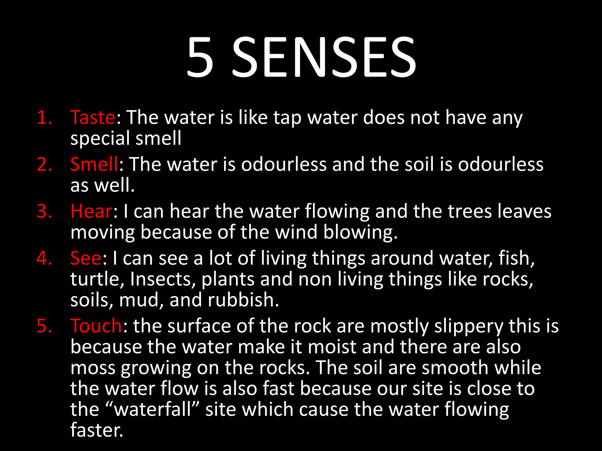 5 SENSES
1. Taste: The water is like tap water does not have any
special smell
2. Smell: The water is odourless and the soil is odourless
as well.
3. Hear: I can hear the water flowing and the trees leaves
moving because of the wind blowing.
4. See: I can see a lot of living things around water, fish,
turtle, Insects, plants and non living things like rocks,
soils, mud, and rubbish.
5. Touch: the surface of the rock are mostly slippery this is
because the water make it moist and there are also
moss growing on the rocks. The soil are smooth while
the water flow is also fast because our site is close to
the “waterfall” site which cause the water flowing
faster.
 