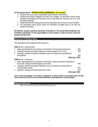 6
A2 Presentation Board – PRESENTATION & SUBMISSION – 19th June 2015
a. Students may use any type of presentation board. Maximum 3 A2 boards..
b. Students may produce it digitally or by hand or as a collage. The information must be clearly
presented, presentable and information must be well structured. Drawing must be to scale
and label accordingly.
c. Please document the making process and the final product and up load it on your E-portfolio.
d. The presentation board should contain the information as stated above in the task and
guideline information.
All sketches, research, planning, discussion to be placed in The Journal Note Compilation and
E-Portfolio individually. It’s the responsibility of every student to make sure they record the
process and their work.
Assessment and Marking criteria
The assessment for this assignment will be based on;
PART A: 20% - Individual Work
 Depth, appropriateness and importance of information in the process journal report 25%
 Suitability, originality and depth of ideas and content proposed for the “X” City 50%
 Originality, creativity and quality of illustration, layout, the design and workmanship of
the pamphlet 25%
(20%) total: 100%
PART B: 20% - Group Work
 Depth, appropriateness and importance of information, ideas and content as explained on
the boards, verbally and demonstrated on the model. 40%
 Originality, creativity and quality of illustration, layout, the design and workmanship of
the presentation boards 30%
 Originality, creativity and workmanship of the model 30%
(20%) total: 100%
NOTE: PLEASE BE INFORMED THAT INVIDUAL COMPONENTS IN GROUP WORKS IS EVALUATED BASED ON PEER
EVALUATION AND INSTRUCTUR’S EVALUATION ON INDIVIDUAL PERFORMANCE OF A GROUP MEMBER.
Suggested References
1. http://www.library.cornell.edu/Reps/DOCS/gerard.htm
 
