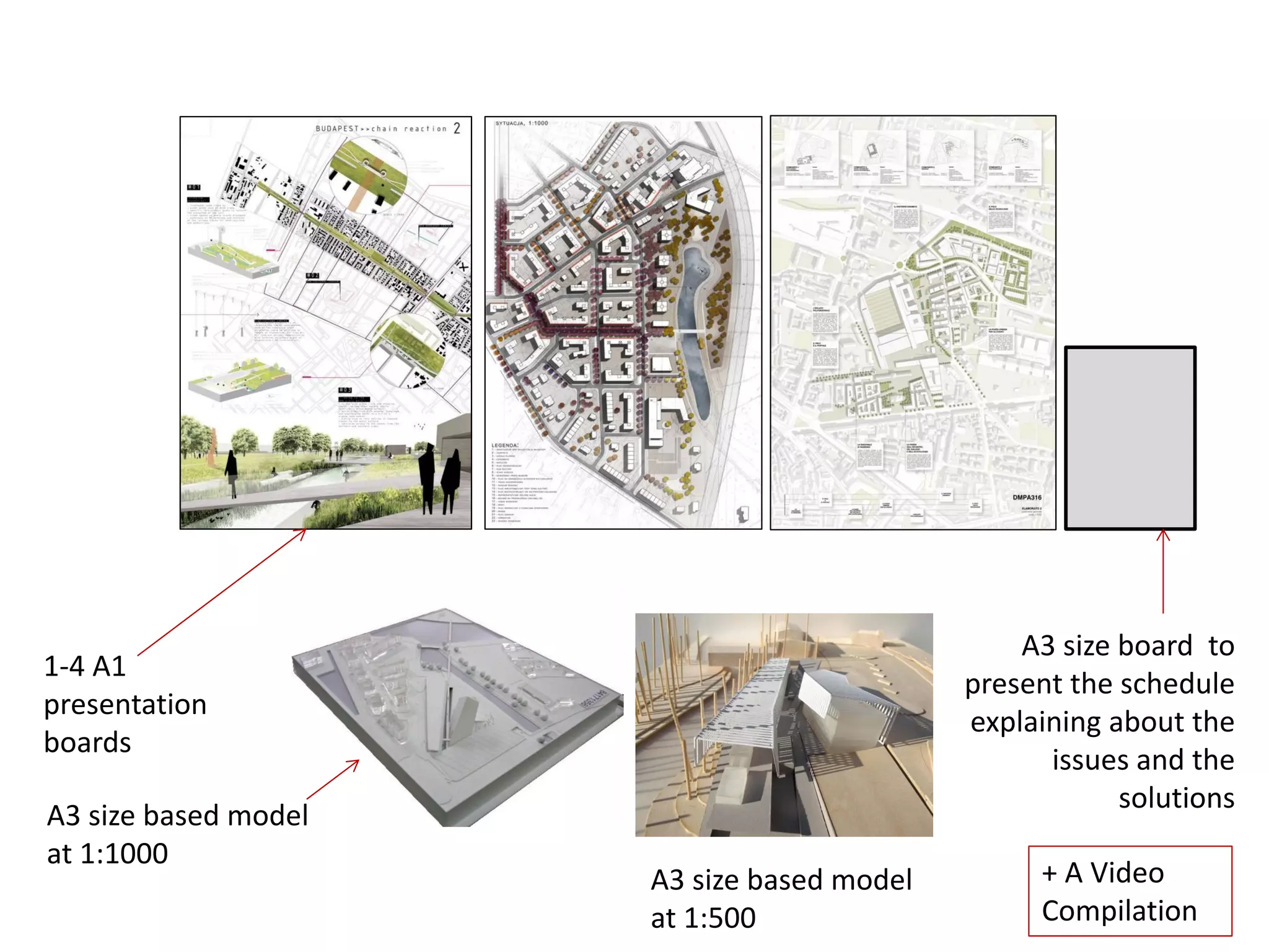 + A Video
Compilation
1-4 A1
presentation
boards
A3 size based model
at 1:1000
A3 size board to
present the schedule
explaining about the
issues and the
solutions
A3 size based model
at 1:500
 