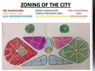 ZONING OF THE CITY
RED: BUSINESS AREA GREEN: ALGRICULTURE PINK: EDUCATIONAL
LIGHT GREEN: PARK PURPLE: INDUSTRIAL AREA AREA
BLUE: GORVEMENT BUILDING YELLOW: BUSINESS AREA (SMALL) ICONIC BUILDING
 